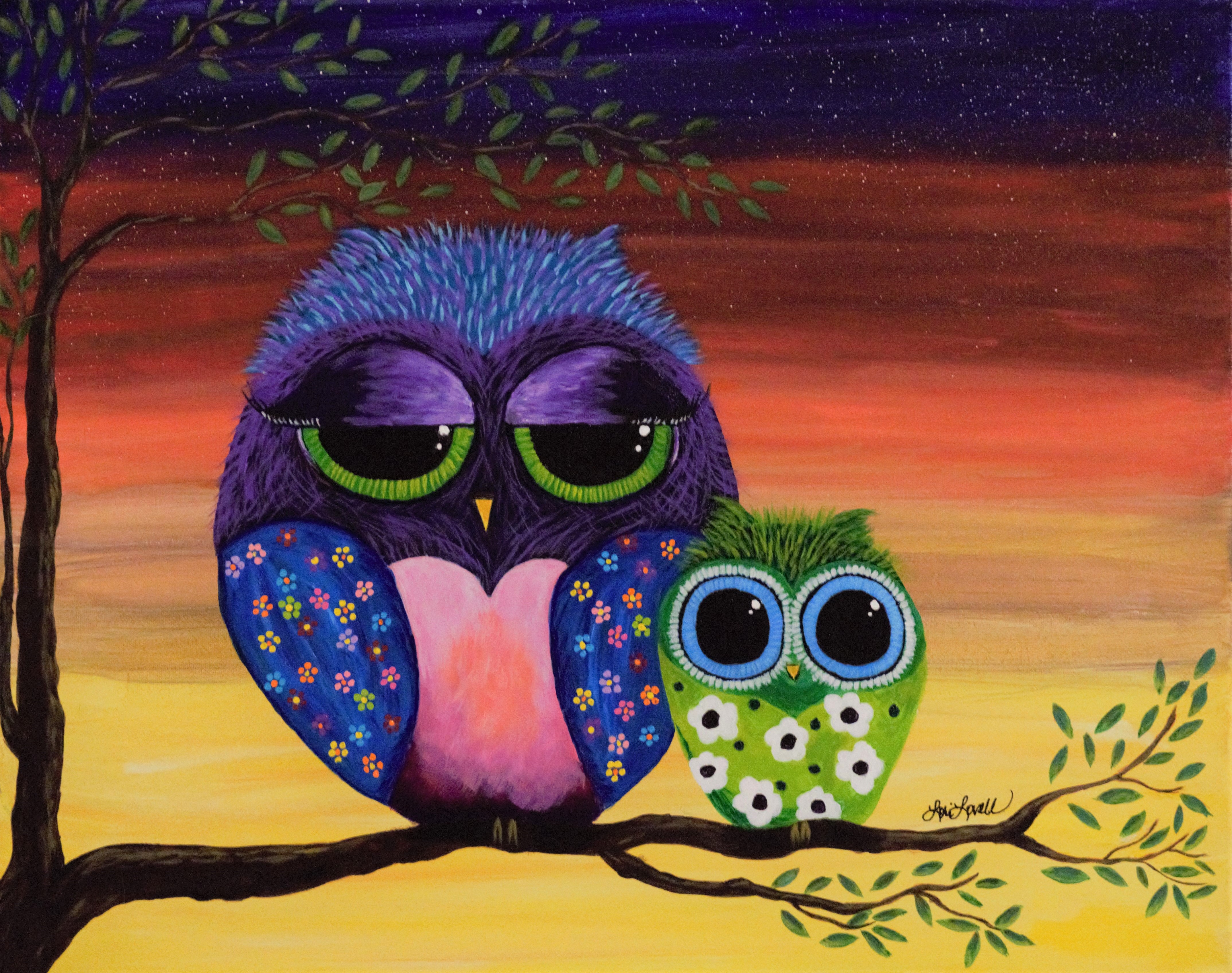 Mommy and Baby Owls Acrylic Painting
